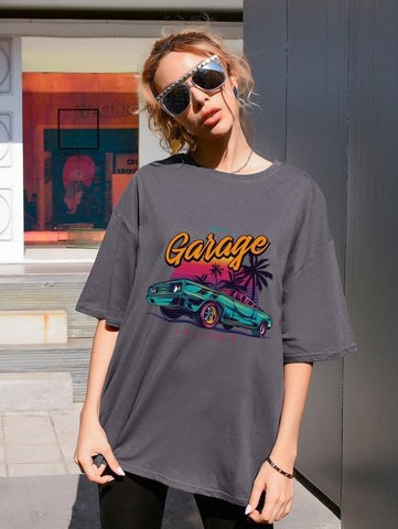 Letter & Tropical Print Drop Shoulder Tee - takostyle