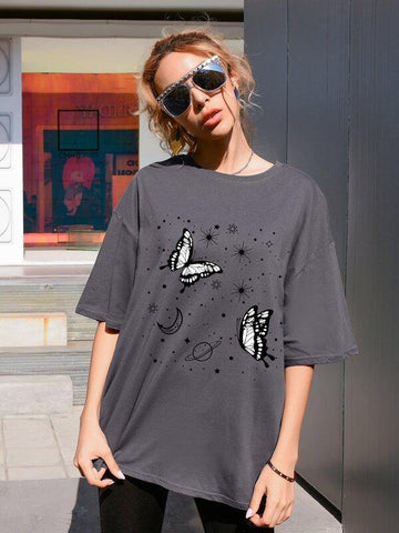 Drop Shoulder Butterfly Print Oversized Tee - takostyle