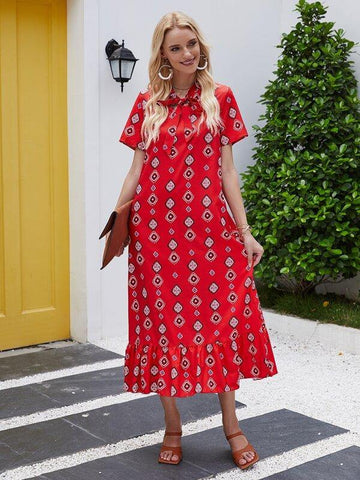 Tie Neck Tribal Print Ruffle Hem Dress - takostyle
