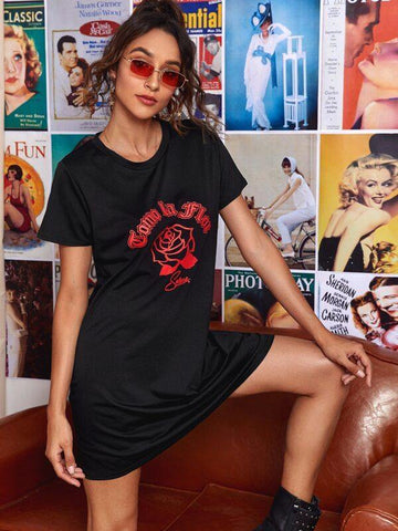Floral And Letter Graphic Tee Dress - takostyle