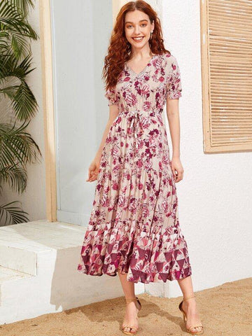 Floral &amp; Geo Print A-line Dress - takostyle