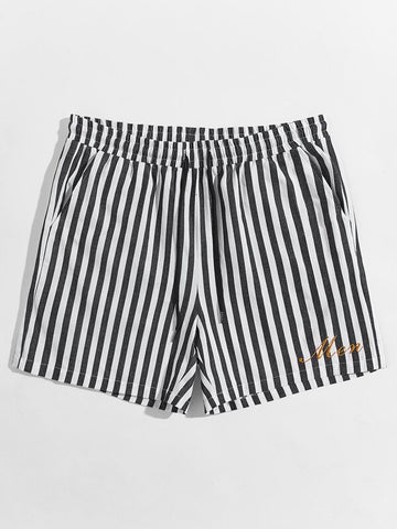 Men Letter Embroidery Drawstring Waist Striped Shorts