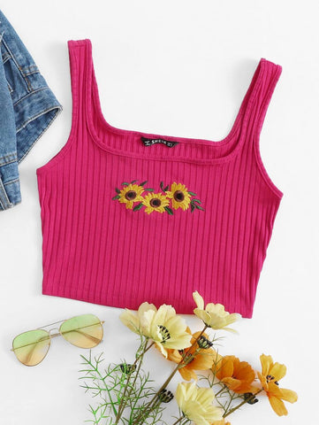 Sunflower Embroidery Rib-knit Crop Tank Top - takostyle