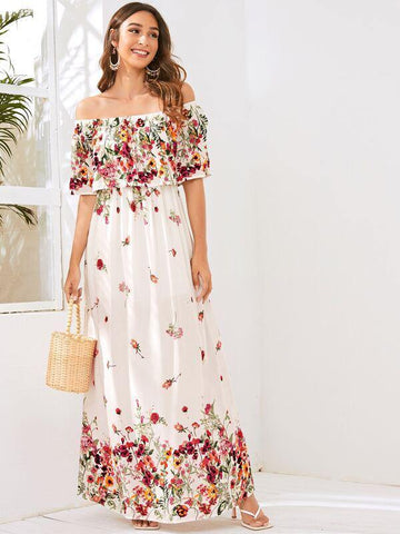 Off Shoulder Floral Maxi Dress - takostyle