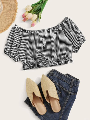 Gingham Print Ruffle Hem Crop Blouse - takostyle