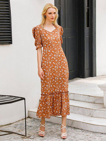 Floral Print Frill Trim Mermaid Dress - takostyle