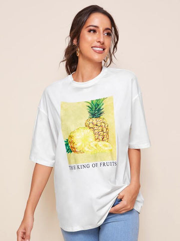 Drop Shoulder Pineapple & Slogan Graphic Top - takostyle