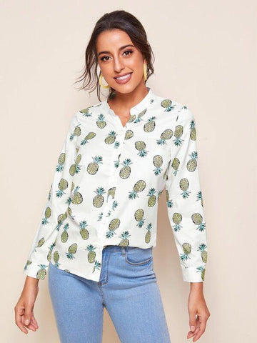 Notched Neck Allover Pineapple Print Blouse - takostyle