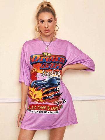 Slogan and Car Print Drop Shoulder Tee Dress