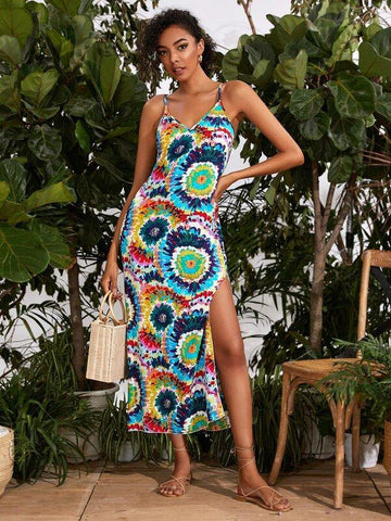 Circle Tie Dye Split Cami Dress - takostyle
