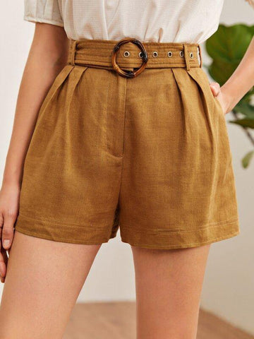 Fold Pleated Front Buckle Belted Shorts - takostyle