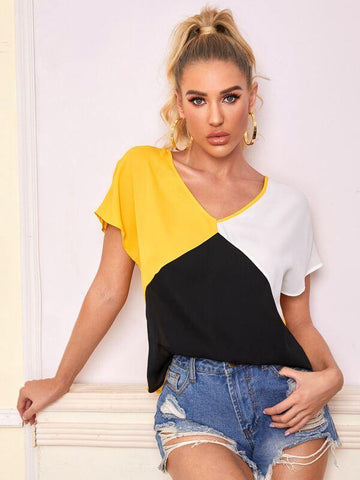 V-neck Batwing Sleeve Colorblock Top - takostyle