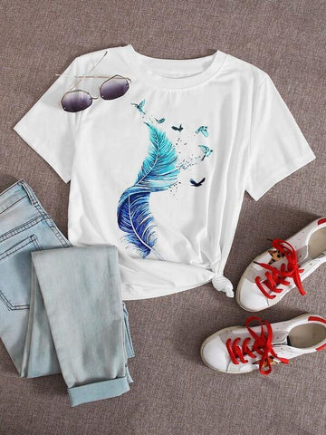 Feather & Seagull Print Tee - takostyle