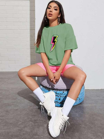 Drop Shoulder Lightning Print Longline Tee - takostyle