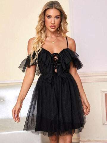 Ruffle Cold Shoulder Lace Up Mesh Dress - takostyle