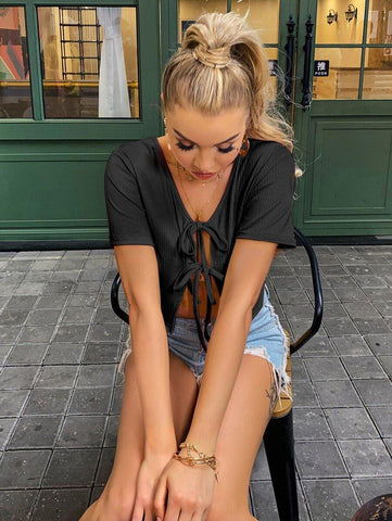 Solid Tie Front Crop Top - takostyle