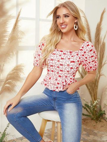 Double Square Neck Puff Sleeve Layered Hem Schiffy Floral Top - takostyle