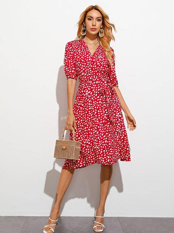 All Over Print Puff Sleeve Belted Wrap Dress - takostyle