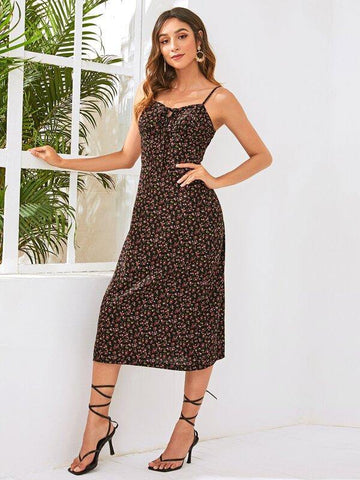 Tie Front Ditsy Floral Print Cami Dress - takostyle