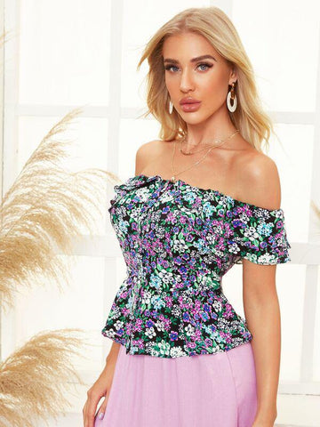 Flounce Off Shoulder Floral Print Peplum Top - takostyle
