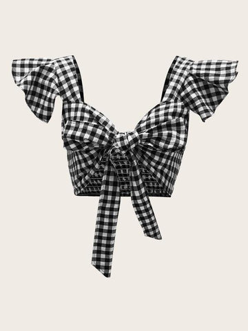 Shirred Back Ruffle Armhole Tie Front Gingham Top - takostyle