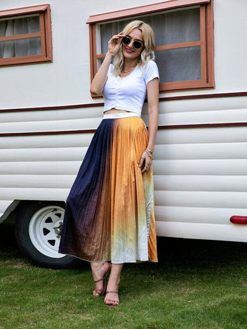 Elastic Waist Ombre Pleated Skirt - takostyle
