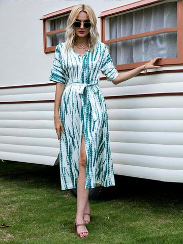 Split Thigh Hem Belted Tie Dye Dress - takostyle