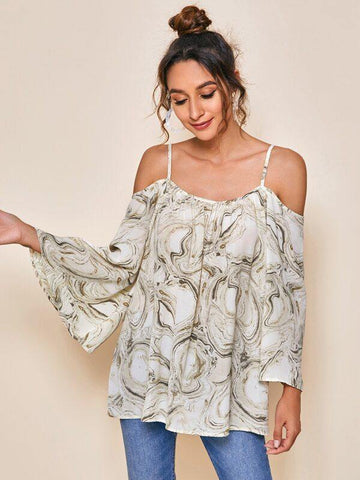 Marble Print Cold Shoulder Blouse - takostyle