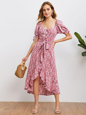 Allover Floral Asymmetric Hem Belted Dress - takostyle