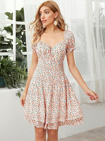 Sweetheart Ditsy Floral Knot Front Dress - takostyle