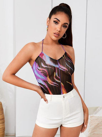Tie Back Seam Front Tie Dye Mesh Halter Top - takostyle