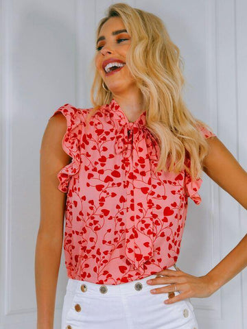 Tie Neck Ruffle Armhole All-over Print Top - takostyle