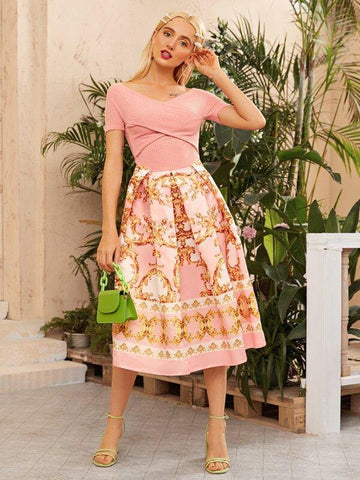 Off Shoulder Rib-knit Cross Wrap Baroque Combo Dress - takostyle