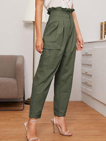 Ruffle Waist Flap Pocket Patched Pleated Detail Pants - takostyle