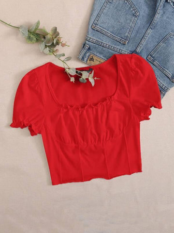 Frill Trim Ruched Bust Seam Front Crop Top - takostyle