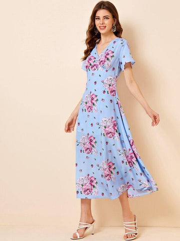 V-neck Floral Print A-line Dress - takostyle