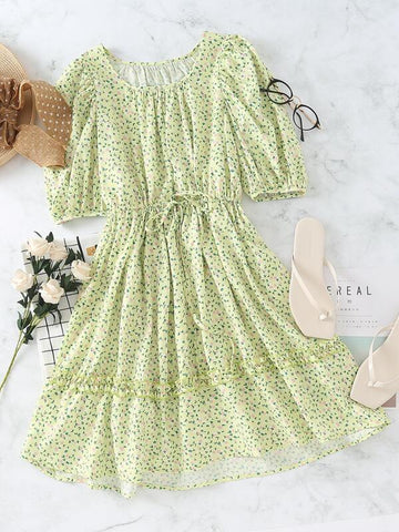 Ditsy Floral Frill Drawstring A-Line Dress - takostyle