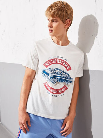 Men Slogan and Car Print Top