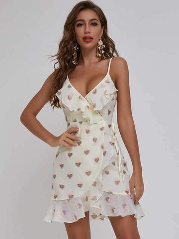 SBetro Ruffle Trim Wrap Knot Floral Applique Dress - takostyle