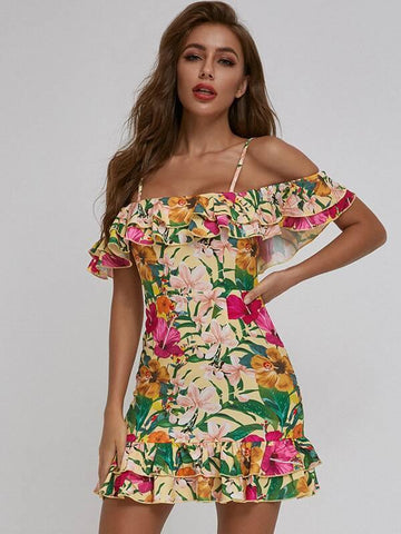 SBetro Ruffle Trim Cold Shoulder Floral Dress - takostyle