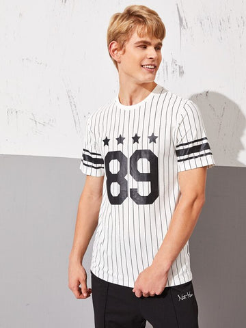 Men Letter and Star Print Striped Top