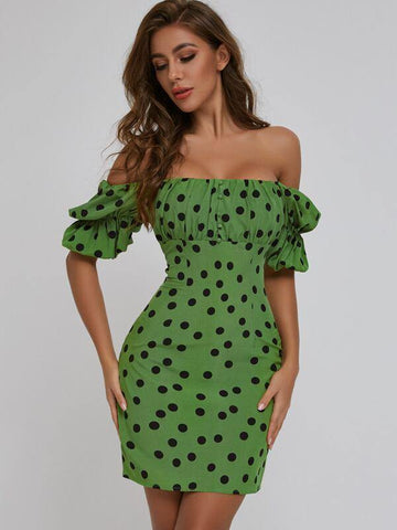 SBetro Ruched Bust Polka-dot Print Bardot Dress - takostyle