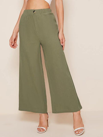 Elastic Waist Button Detail Palazzo Pants - takostyle