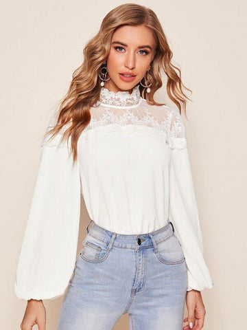 Mock Neck Lantern Sleeve Embroidery Mesh Yoke Top - takostyle