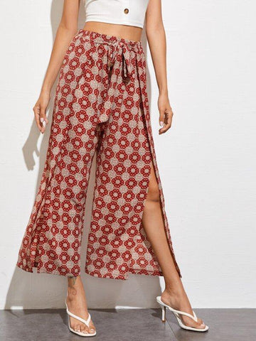Tribal Print Split Hem Belted Pants - takostyle