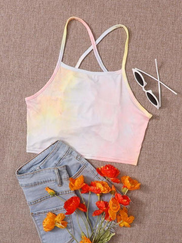Crisscross Lace Up Backless Tie Dye Cami Top - takostyle