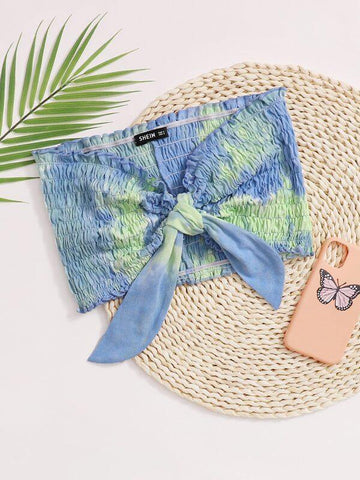 Frill Trim Shirred Tie Dye Knot Bandeau Top - takostyle