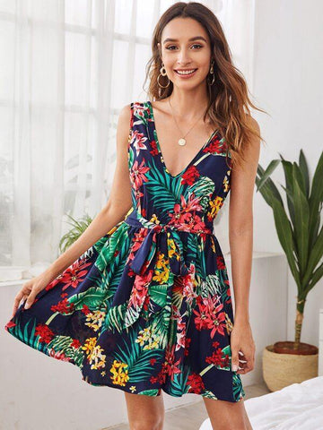 Low Back Belted Tropical Dress - takostyle