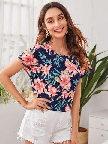 Keyhole Back Tropical Print Top - takostyle