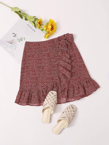Knot Side Ruffle Hem Ditsy Floral Skirt - takostyle
